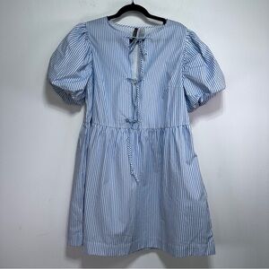 H&M Striped Cotton Poplin Dress Puff Sleeve Blue White Size M Coastal
